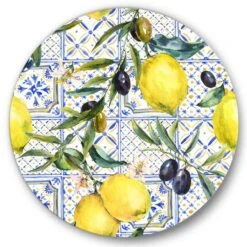 Designart - Lemon Ornament On Blue Geometrical Pattern III - Tropical Metal Circle Wall Art