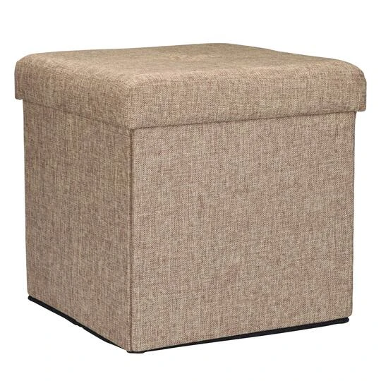 Simplify 15" Faux Linen Folding Storage Ottoman Cube Natural 4 Simplify 15" Faux Linen Folding Storage Ottoman Cube Natural - Image 2