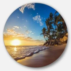 Designart - Paradise Tropical Island Beach Sunrise' Seashore Metal Circle Wall Art
