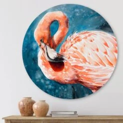 Designart - Pink Flamingos In Blue Water II - Farmhouse Metal Circle Wall Art