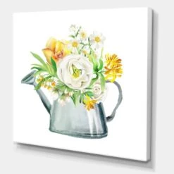 Designart - Roses Peonies & Marigolds In Garden Watering Can - Farmhouse Canvas Wall Art Print