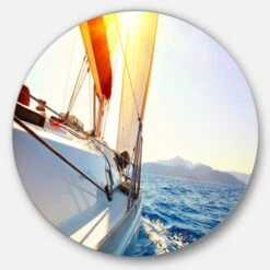 Designart - Sailboat Sailing In The Blue Sea' Disc Large Seashore Metal Circle Wall Art