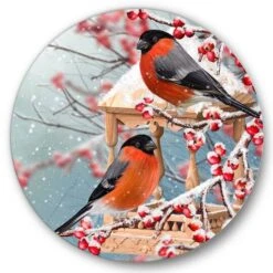 Designart - Two Tits Sit On A Snow-Covered Branch - Traditional Metal Circle Wall Art