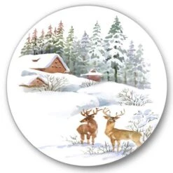 Designart - Winter Cottage With Two Deers - Farmhouse Metal Circle Wall Art